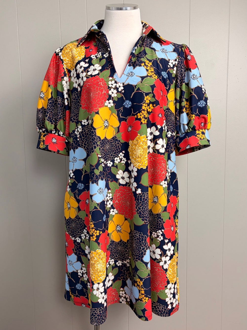Jude Connally Floral Puff Sleeve Shift Dress Pockets S Made USA